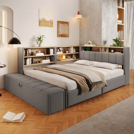 Lit banquette 140 x 200 cm, lit coffre avec rangement hydraulique, tête de lit banquette, prise électrique, USB, éclairage LED, velours gris (1/5)