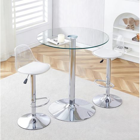 Mesa de bar redonda de cristal 89 cm con 2 taburetes regulables y giratorios, plata (1/5)