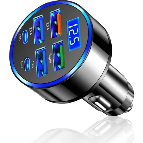 Adaptateur de chargeur de voiture 6 ports 12-24 V super rapide avec prise allume-cigare universel avec affichage numérique pour iPhone, iPad, Samsung Galaxy Pixel Android (2PD + QC3.0 3.1 4 entrées (1/5)