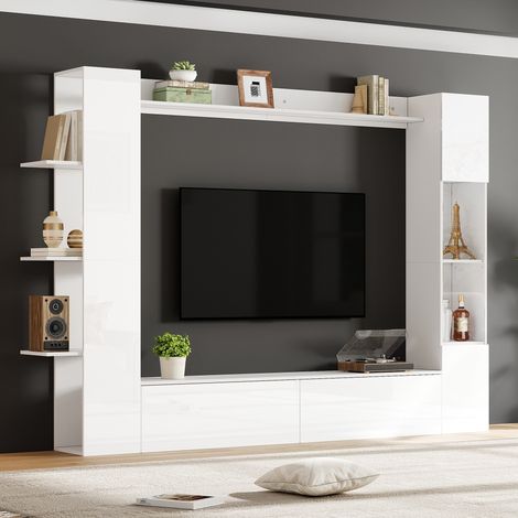 REDOM - Mueble TV de pared 228x30x170 cm, almacenaje a doble cara, estantes abiertos, puertas abatibles, tablero de partículas blanco (1/5)