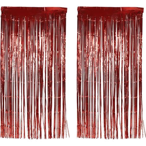 2 pièces Rideau Franges Métallisé pour Décoration de Mariage, Anniversaire, Fête de Fiançailles, Scène Événement Rouge (1/5)