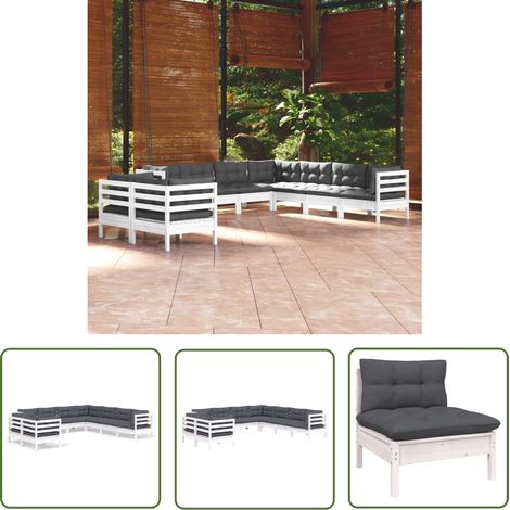 The Living Store Salon de jardin 9 pcs avec coussins blanc bois de pin massif - Salon De Jardin - Mobilier De Jardin - Ensemble Salon De Patio - Meubles De Terrasse - Chaise Longue (1/5)