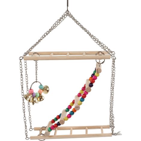 Balançoire en bois multicolore avec perles, accessoire pour cage à oiseaux. (1/5)