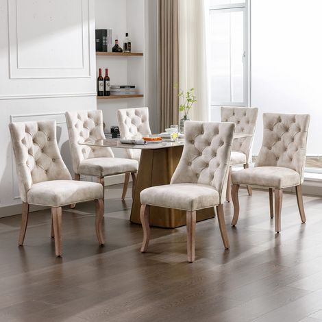 Chaises en velours beige clair avec dossier haut capitonné et pieds en bois massif, style élégant pour salle à manger, de 2 (1/5)