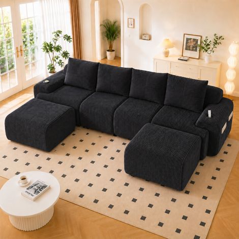 Canapé modulable en velours côtelé pour 4 personnes (avec 2 poufs), combinable à volonté, comprenant des porte-gobelets et une poche de rangement latérale, idéal pour les salons, les salles de séjour (1/5)