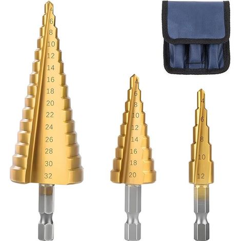 Foret Etagé - HSS Revêtement Titane - Pour Acier Laiton Bois Plastique - Tige Hexagonale - 4-12 mm 4-20 mm 4-32 mm - 3 Pièces (1/5)