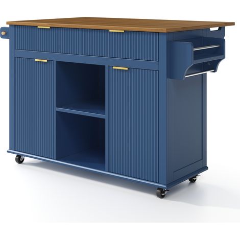 Îlot de cuisine sur roulettes 120 x 45 cm avec plan de travail rabattable, 2 tiroirs, 2 portes et rangement bleu cloisonné (1/5)
