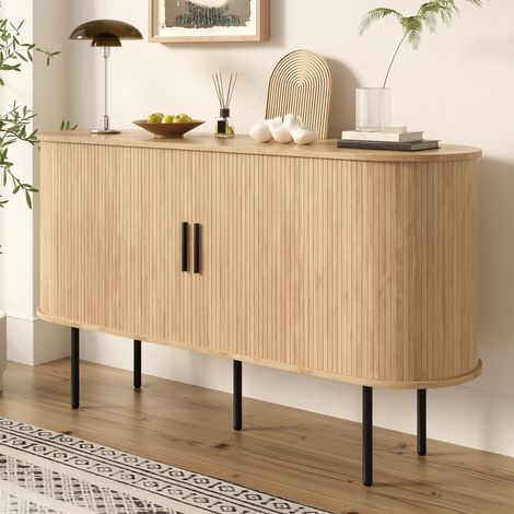 Buffet moderne en MDF avec portes à rideau coulissantes, poignées en aluminium et pieds en fer – Meuble de rangement polyvalent pour salon, salle à manger et intérieur moderne (1/5)