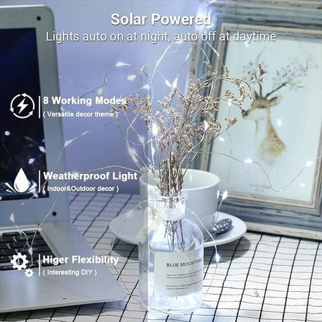 Solarbetriebene Lichterkette für den Außenbereich, 7 m, 50 LEDs, Kupferdraht, 8 Modi, wasserdicht, für Weihnachtsdekoration, Garten, Partys, Hochzeiten, Weiß (1/3)