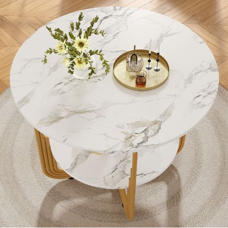 Essgruppe 80x80x76 cm, runder Tisch mit 4 Samtstühlen, Marmormuster, Metall, Gold Grau (1/5)