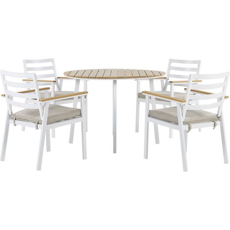 Ensemble de Salle à Manger de Jardin Blanc avec Coussins Beiges Table en Aluminium 4 Chaises Cavoli