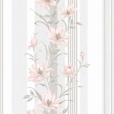 BRICOFLOR Papier Peint floral rose, gris clair et blanc Papier peint fleuri pour chambre, couloir & plus Tapisserie intissée fleur rose (1/4)