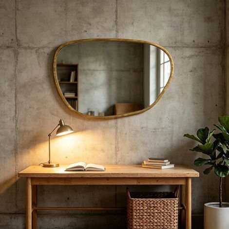 Miroir mural design asymétrique 90x60 cm, verre de sécurité trempé, cadre bois clair, idéal déco pour salle d'eau, chambre, séjour et entrée. (1/5)