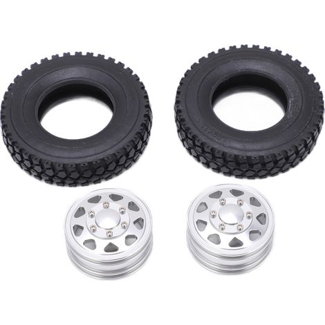 2 paires de moyeux avant métalliques avec pneus en caoutchouc pour camion tracteur remorque Tamiya 1/14 RC, argent (1/5)