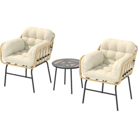 3-Sitzer-Gartenmöbelset aus khakifarbenem Rattan, Tisch aus gehärtetem Glas, 2 gepolsterte Sessel, 62 x 73 x 79 cm