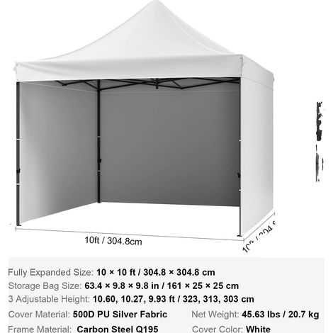 Auvent Pop-up, Imperméable, Hauteurs Ajustables, 10x10ft Blanc (1/2)