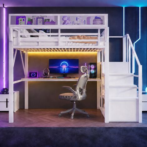 Lit mezzanine 140x200 avec bureau 2m et LED - Métal et MDF - Étagères réglables - Échelle sécurité - Charge 150kg - Blanc (1/5)