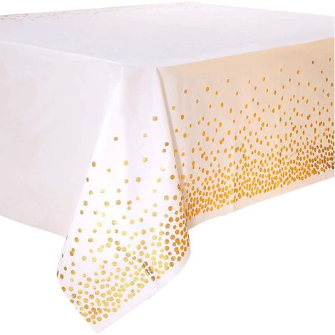 4PCS Nappe de Table de Fête Blanc et Or Jetable pour Table Rectangulaire, Couverture de Table en Plastique Confettis Dorés, pour Douche Nuptiale, Fiançailles, Mariage, 137 cm x 274 cm (1/5)