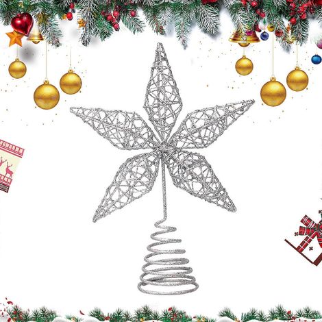 Étoile de sapin de Noël en fil de métal, 25 cm (9,8 pouces), creuse, argentée. (1/5)