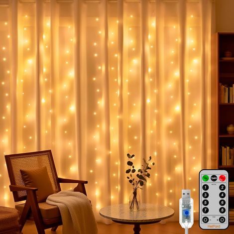 HeiPard Guirlande Lumineuse Rideau Intérieur 3m3m, 300 LED Blanc Chaud USB Rideau Lumineux Noel 8 Modes Dimmable Etanche Decoration Led Chambre pour Noël, Mariage, Anniversaire, Fenêtre, Maison (1/5)