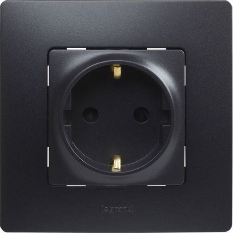 Enchufe Legrand 396492 en Color Negro. Enchufe o toma 2P+T de pared de la gama Niloé monoblock,  mecanismo completo. (1/4)