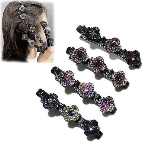 Lot de 4 élastiques à cheveux en satin, pince à cheveux à trois fleurs, pinces à cheveux pour séparer les mèches, pince à cheveux ornée de strass scintillants (1/5)
