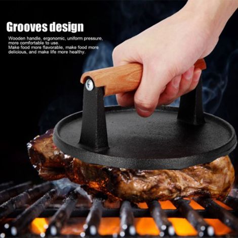 Plaque à presser ronde pour steak, outil de barbecue, plaque de cuisson teppanyaki, plaque à presser les calamars, accessoires pour griller la viande et pique-nique en plein air (1/5)