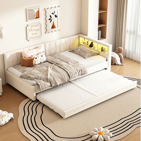 Lit banquette moderne 90x200 cm en lin beige et MDF avec rangement tête de lit, USB-C, LED et lit gigogne (1/5)