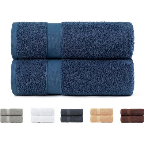 Lot de 2 serviettes de bain 100% coton 500 g/m², super douces, très absorbantes et à séchage rapide. Dimensions 70 x 140 cm, bleu marine. (1/5)