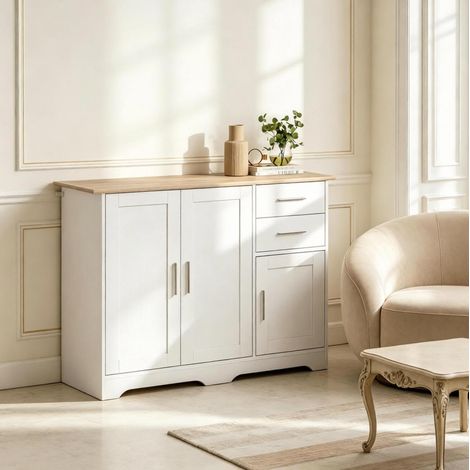 Mobile contenitore con ante e cassetti, bianco ed effetto legno naturale OKMYHOME (1/5)