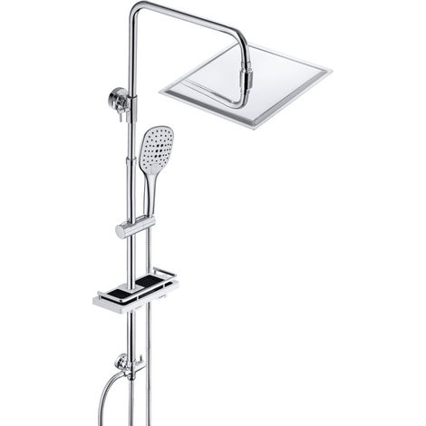 JOHO Duschsäule ohne Armatur – Eckige Regendusche 25x25 cm, Edelstahl Duschstange höhenverstellbar, Duschset mit Ablage, Handbrause 3 Strahlarten, Chrom