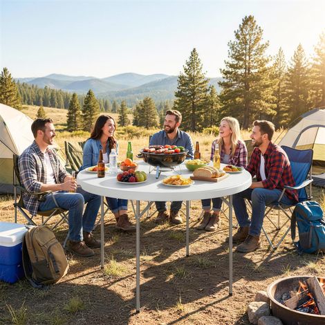 Runder, klappbarer Campingtisch aus Metall und HDPE, 120 x 120 x 74 cm, Weiß