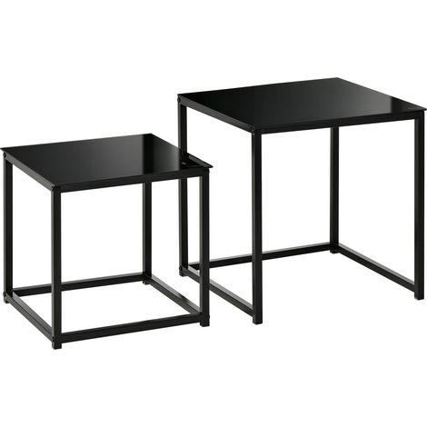 Beistelltisch 2er-Set, Couchtisch-Set, Kaffeetisch mit Glastischplatte, Quadratischer Sofatisch Satztisch, Stahl, Schwarz