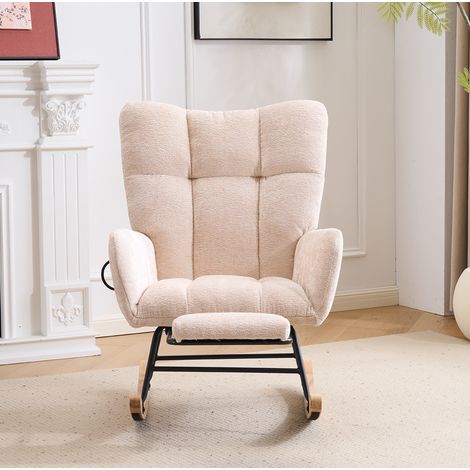 Gepolsterter Schaukelstuhl Beige mit hoher Rückenlehne, Fußstütze und Seitentasche HAVRYA (1/5)