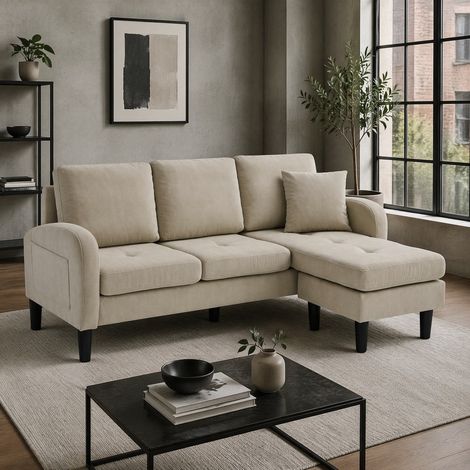 Sofá esquinero modular de 3 plazas, con chaise longue reversible, tapizado en terciopelo acanalado, compacto e ideal para salón, apartamento u oficina  CHICFURN (1/5)