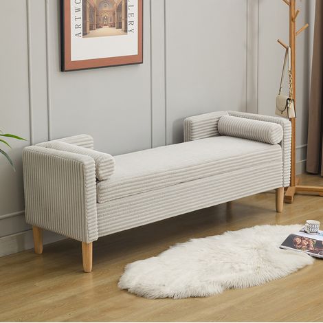 Banqueta con almacenaje (153x52x58 cm), con reposabrazos y respaldo, incluye dos cojines redondos, pana gris