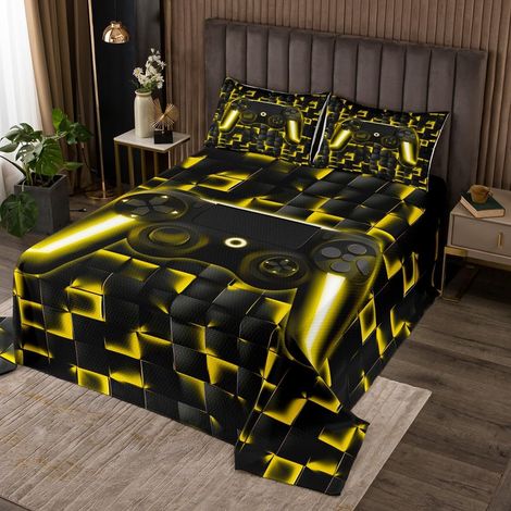 Poignée de Jeu Géométrique Couverture de Lit Jeu Couvre-Lit Console de Jeu Dessus de Lit 240x220 Enfants Garçons Et Adolescents,Or Noir Neon Console de Jeu Jetés de Lit - 240x220cm (1/5)