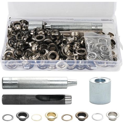 140 Sets Oeillet Couture 10mm, Kit d'oeillet Metal, Oeillet INOX, Oeillets pour baches incluant l'outil de Perforation, l'outil d'installation, Le Socle, Adapté pour Tissu, Cuir (4 Couleurs) (1/5)