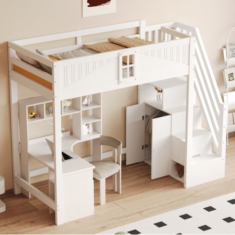 Lit mezzanine en bois blanc 90x200 cm avec rangement latéral, échelle réversible et 16 lattes (1/5)