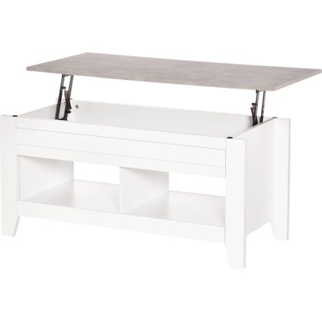 Table basse relevable avec avec 2 compartiments ouverts et un espace de rangement dissimulé pliable 105 x 50 x 49 cm marbre dissimulé, blanc effet (1/5)