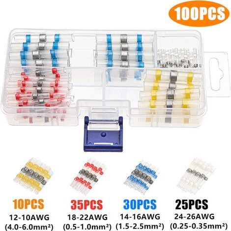 100 Pièces joint de soudure connecteur de fil isolés, 4 tailles 26-10 AWG connecteurs bout avec gaine thermorétractable, cosse electriques pour Automobiles Motos, rapport de rétraction 3:1 (1/5)