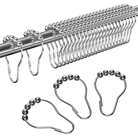 24 anillas de ducha de acero inoxidable de 75 x 35 mm, ganchos deslizantes para cortinas de ducha, bolas metálicas para barras de cortina de ducha y cortinas (plateadas) (1/5)