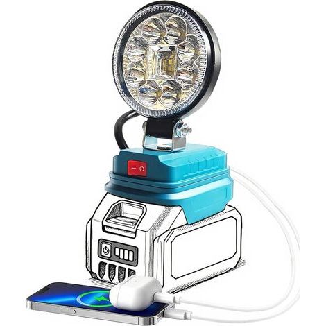 Lampe de travail LED sans fil Lampe de poche portable Spotlight pour Makita 18V LXT Batterie avec port de charge USB-A pour Camping Emploice éclairage réparation d'urgence, camping (sans batterie) (1/5)