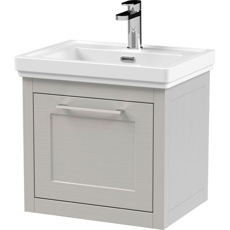 Blithbury Traditional Bathroom Wall Hung 1 Drawer Vanity Unit and 1 Tap Hole Fireclay Basin, 500mm, Woodgrain Grey (1/5)