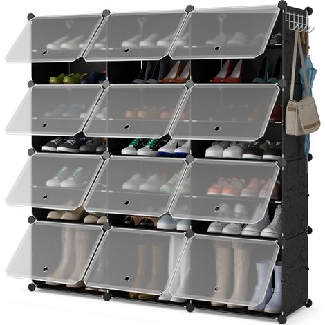 Scarpiera a 8 ripiani per 48 scarpe per ingresso per stivali e tacchi, Armadio 12 cubi in plastica con ganci laterali Nero (1/3)