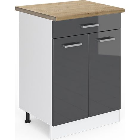 Meuble cuisine R-Line, Anthracite Haute brillance, 60 cm avec tiroir, PT Chêne, Vicco