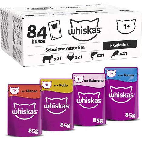 Whiskas Selezione Assortita in Gelatina 1+, Cibo Umido per Gatti, Pacco Formato Scorta, 84 Bustine ognuna da 85g (84 x 85g) (1/5)