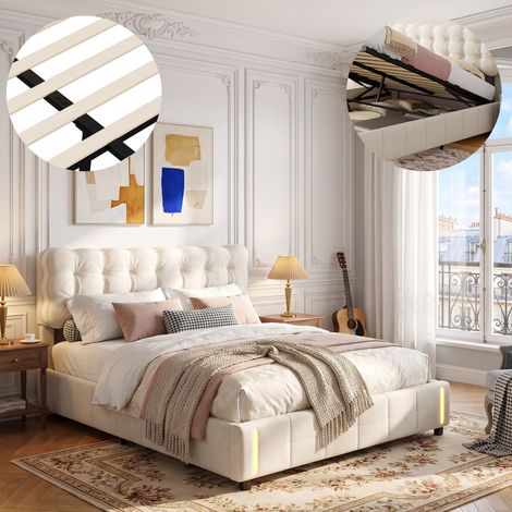 Lit coffre 140 x 190 cm avec LED, Lit 2 places avec sommier 140x190, cadre de lit 140x190 avec rangement, Beige, Velours (1/5)