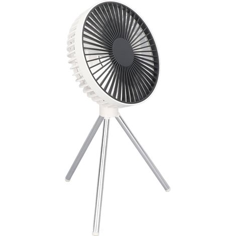 Ventilateur trépied portable rechargeable USB, batterie 4000 mAh, blanc, idéal pour le camping et les tentes.