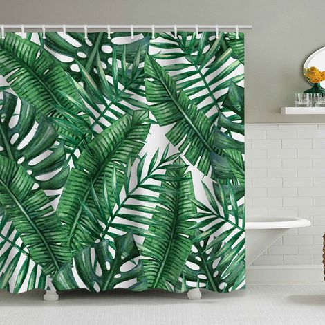 Duschvorhang mit tropischem Blättermuster, 200 x 230 cm, wasserdicht bedruckt, inklusive 12 Haken, Badezimmeraccessoire.